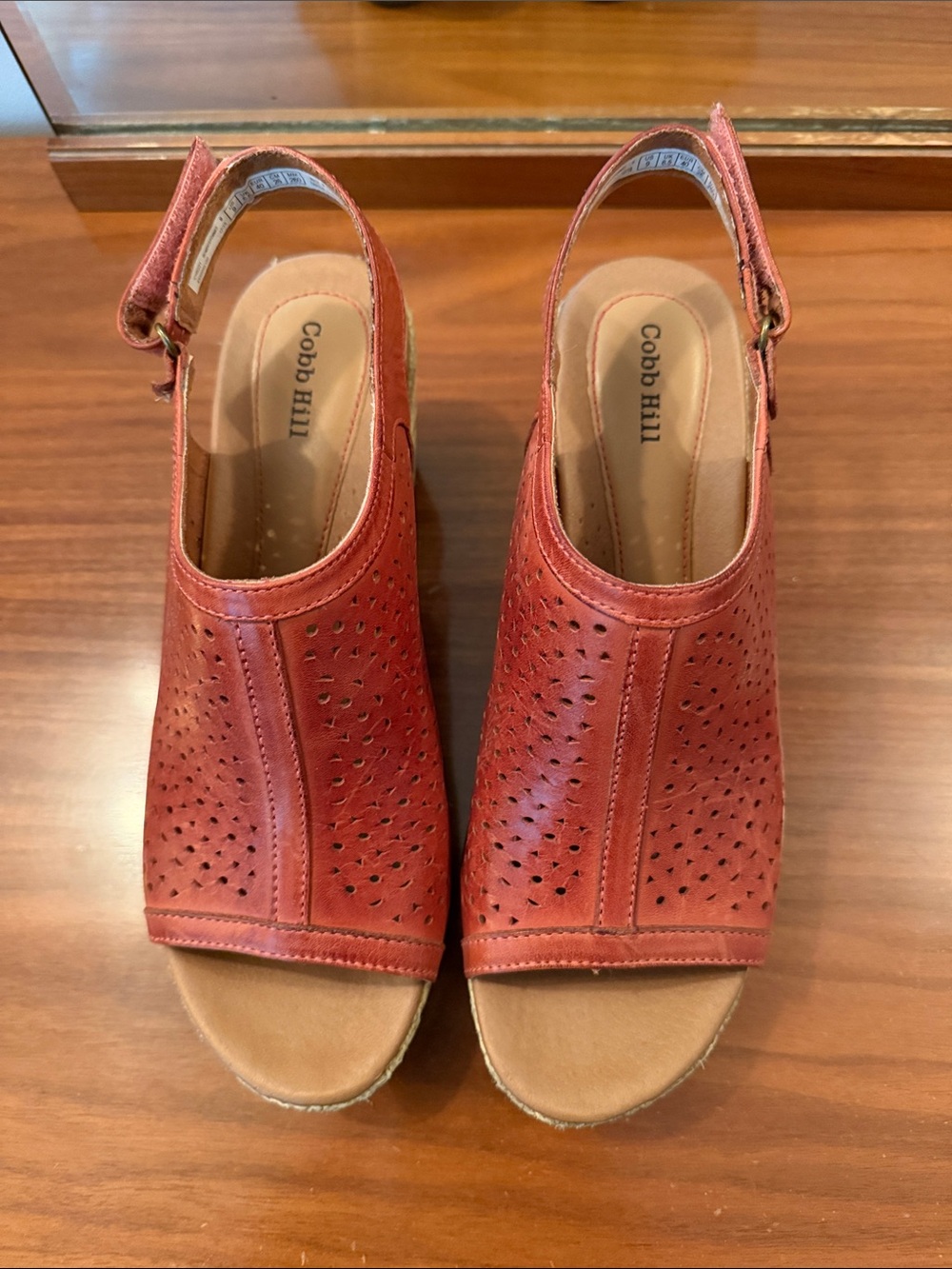 Cobb Hill Rust Red Perforated Leather Slingback Wedge Sandals
